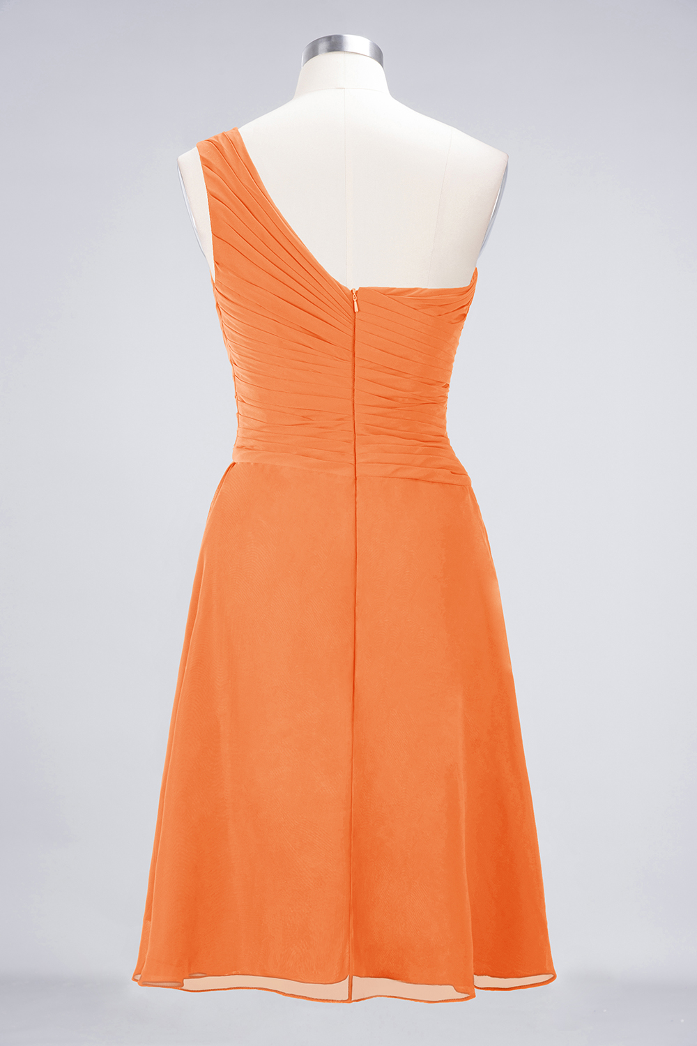 A-line One Shoulder Sweetheart Neck Sleeveless Knee-length 100D Chiffon Bridesmaid Attire With Ruffles 32