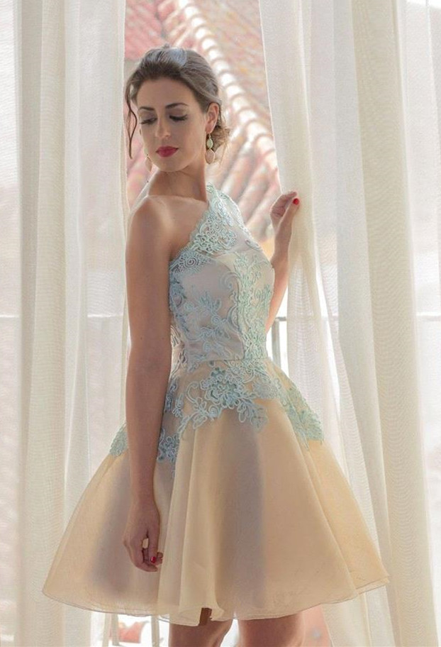 A-line One Shoulder Mini Homecoming Dress With Lace 3