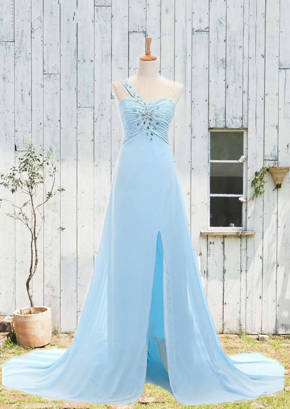 A-line One Shoulder Sleeveless Court Train Tulle Evening Gown With Crystal 1