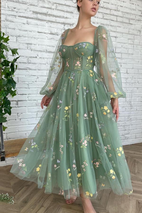 A-line Sweetheart Neck Long Sleeves Ankle-length Tulle Cocktail Party Dress With Ruffles 1