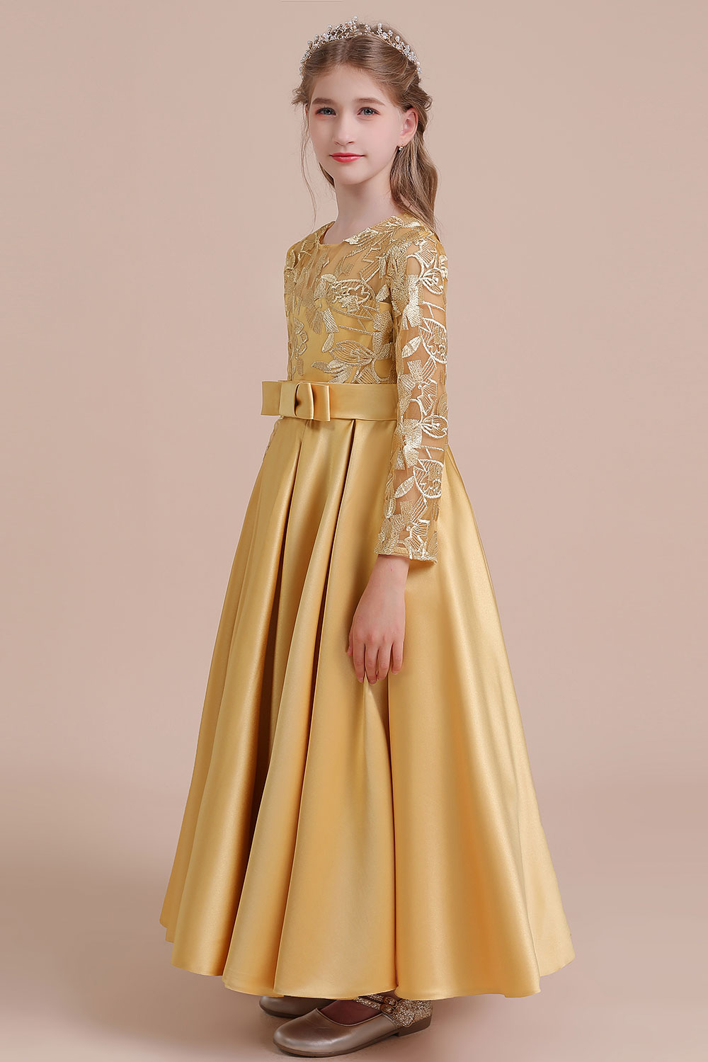 A-line Jewel Neck Long Sleeves Ankle-length Satin Flower Girl Dress With Embroidery 5