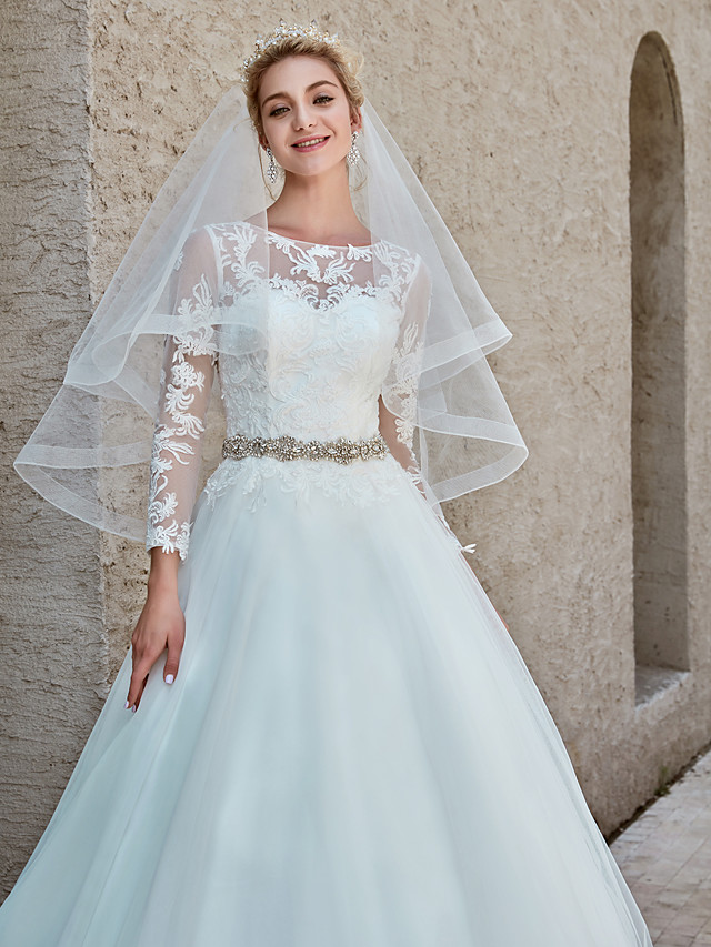 Ball Gown Bateau Neck Long Sleeves Chapel Train Tulle Bridal Gown With Lace 14