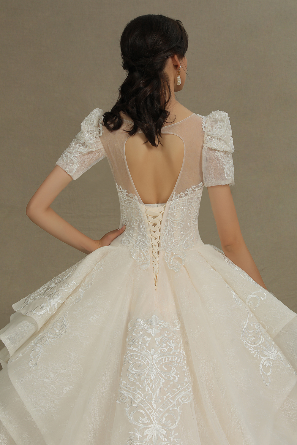 A-line Jewel Neck 3/4-Length Sleeves Floor-length Tulle Wedding Gown With Cathedral Train 9