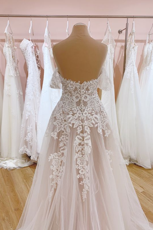 A-line Sweetheart Neck Sleeveless Sweep / Brush Train Tulle Wedding Dress With Lace 4