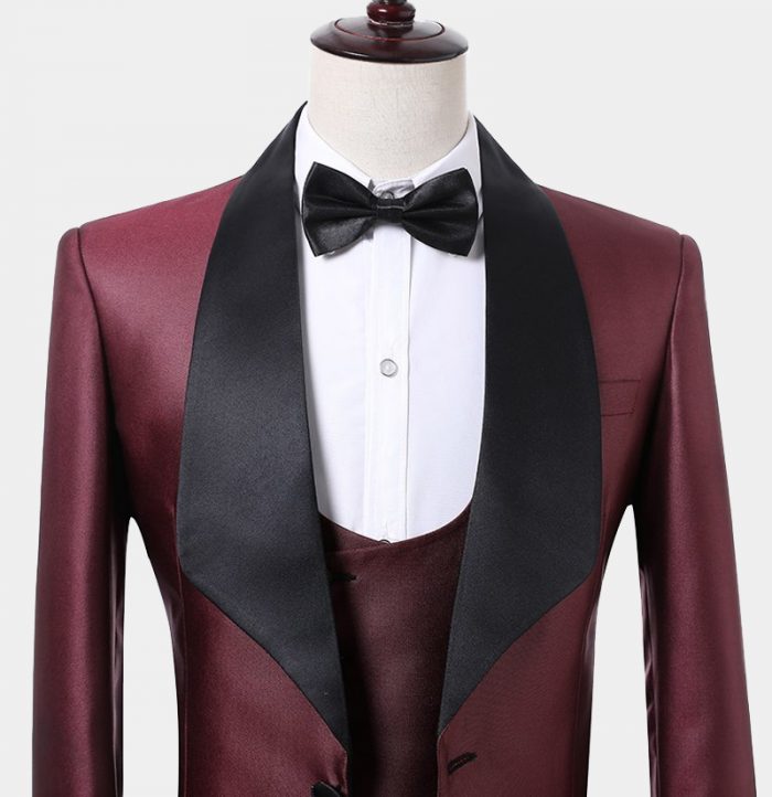 Burgundy Three-Piece Tuxedo with Black Shawl Lapel 4