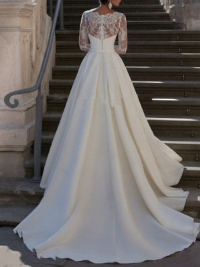 Romantic A-line V-neck Long Sleeves Sweep / Brush Train Lace Wedding Dress With Lace 2