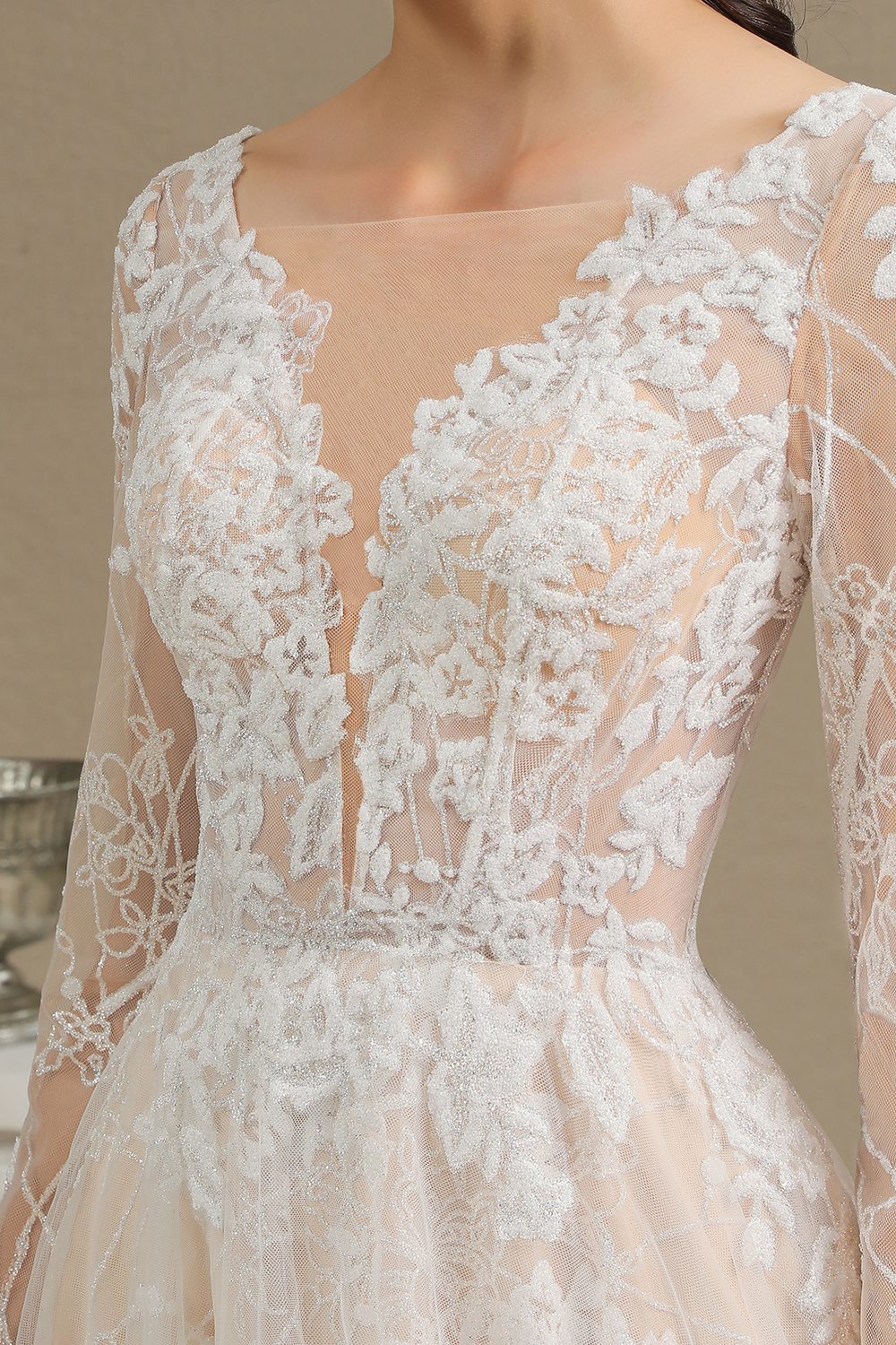 A-line Plunging Neckline Long Sleeves Sweep / Brush Train Tulle Wedding Dress With Lace 9
