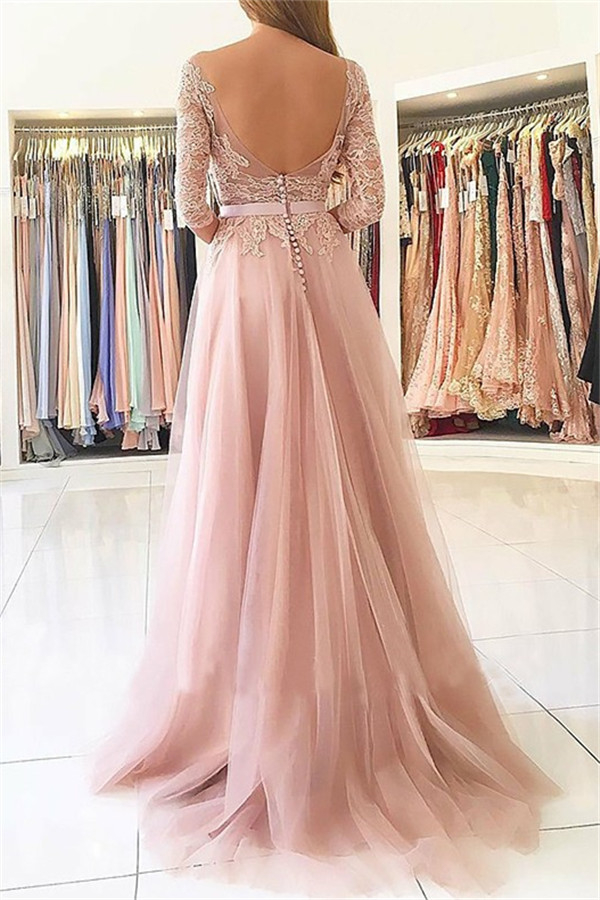 A-line V-neck Long Sleeves Sweep / Brush Train Evening Gown With Split Front 2