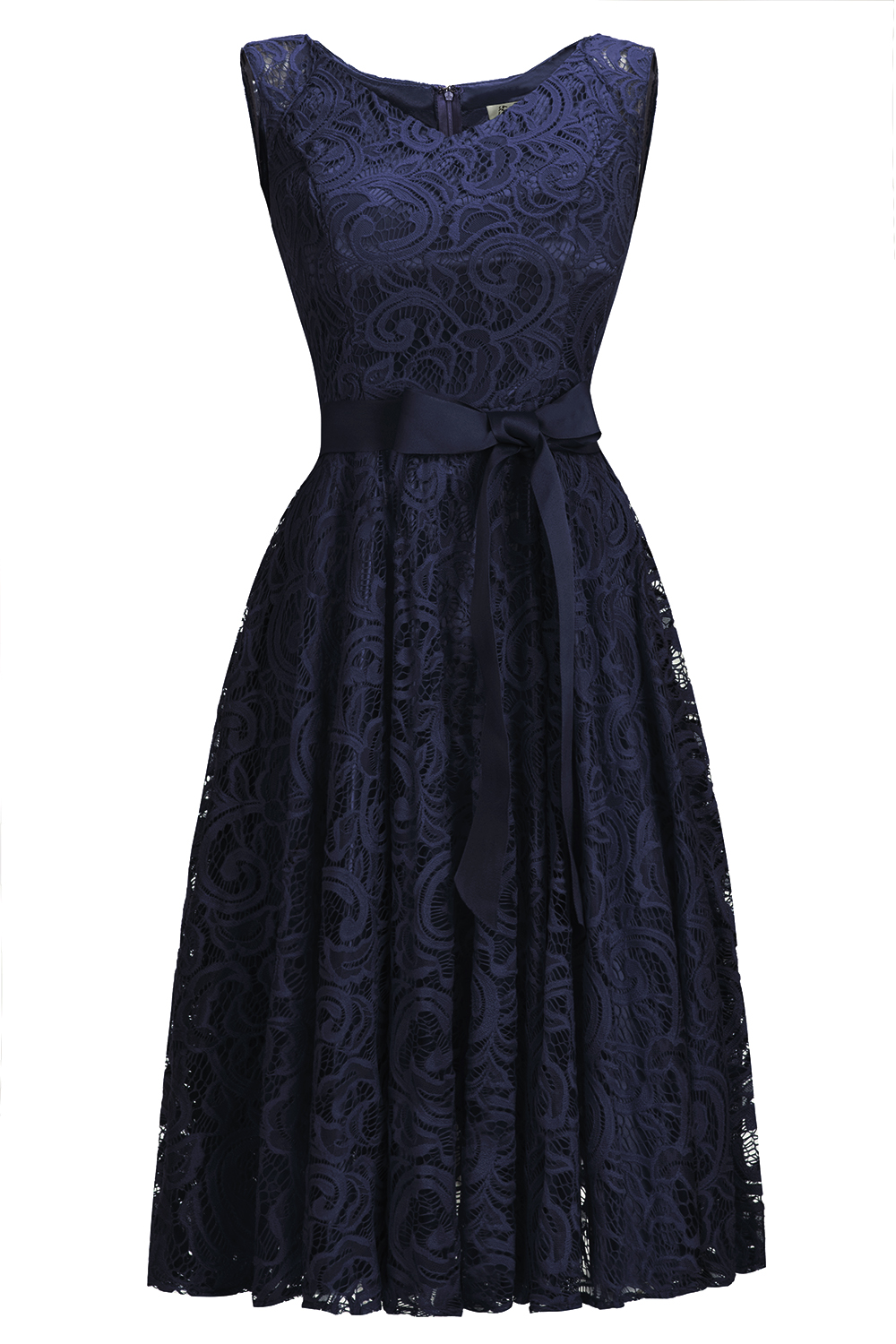 A-line Jewel Neck Sleeveless Knee-length Lace Bridesmaid Outfit With Ribbons 5