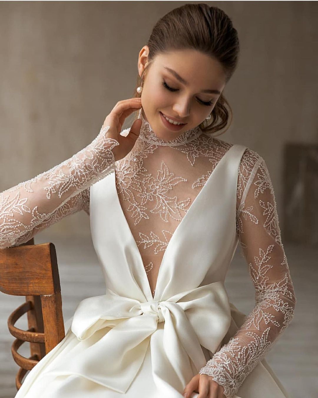 A-line Plunging Neckline Long Sleeves Court Train Satin Wedding Gown With Lace 3