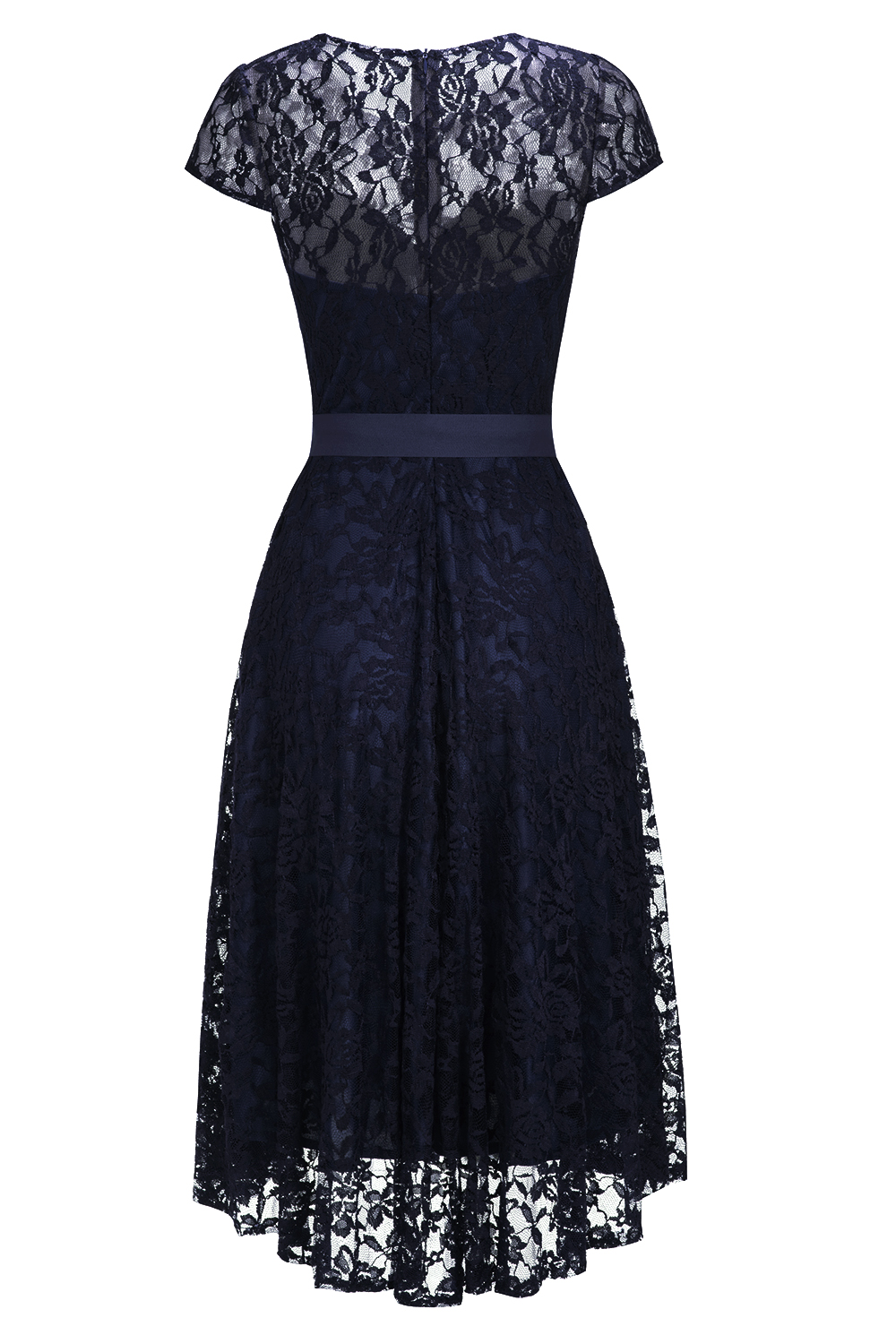 A-line Jewel Neck Short Sleeves Tea-length Lace Bridesmaid Outfit With Ribbons 6