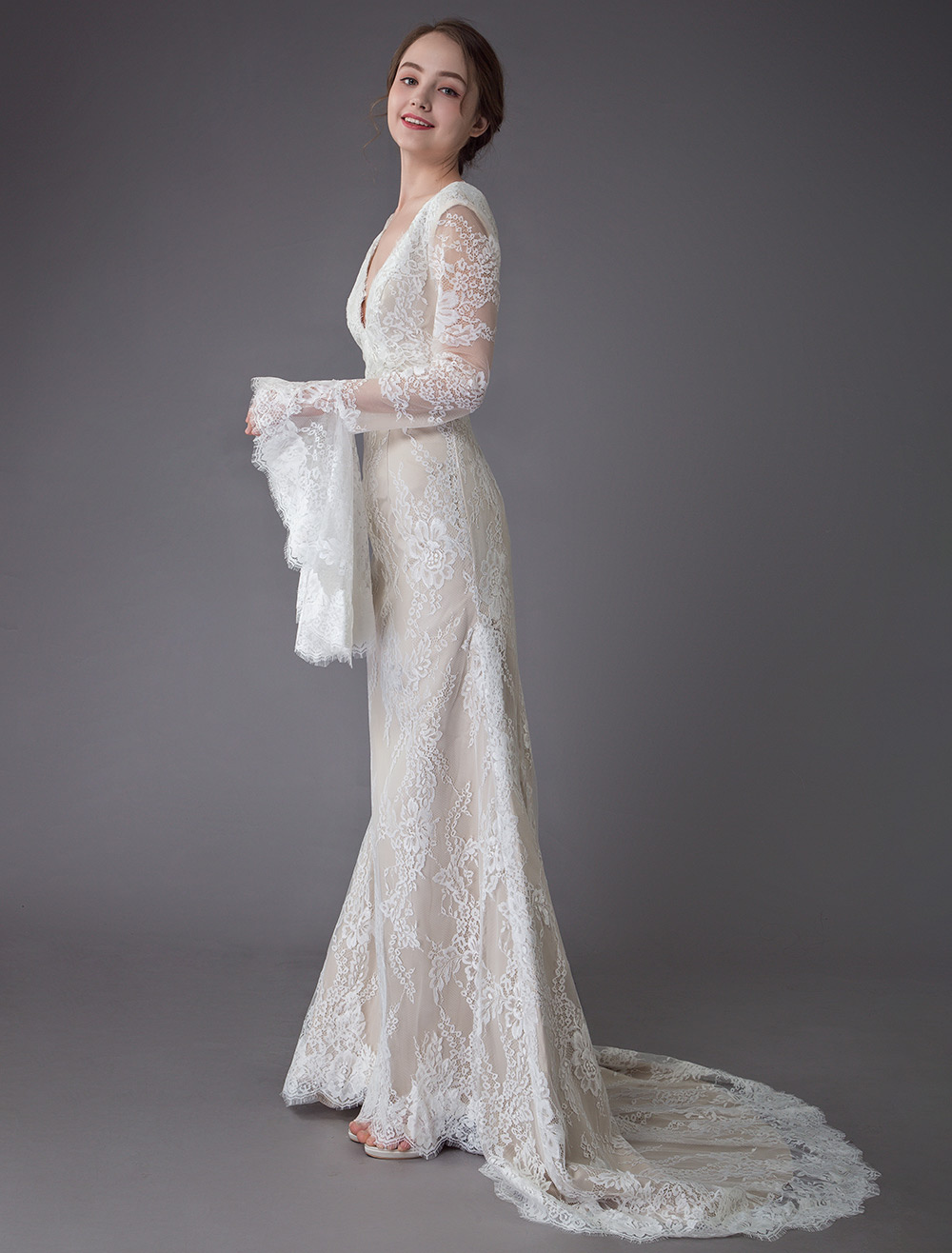 Column Plunging Neckline Long Sleeves Court Train Lace Bridal Dress With Lace 5