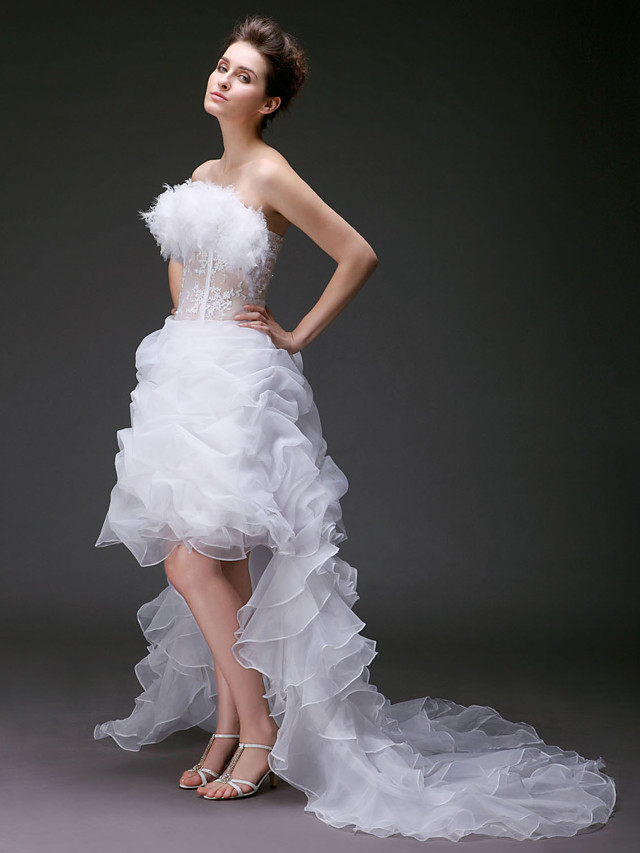 Ball Gown Strapless Sleeveless Asymmetrical Tulle Wedding Gown With Sweep / Brush Train 2