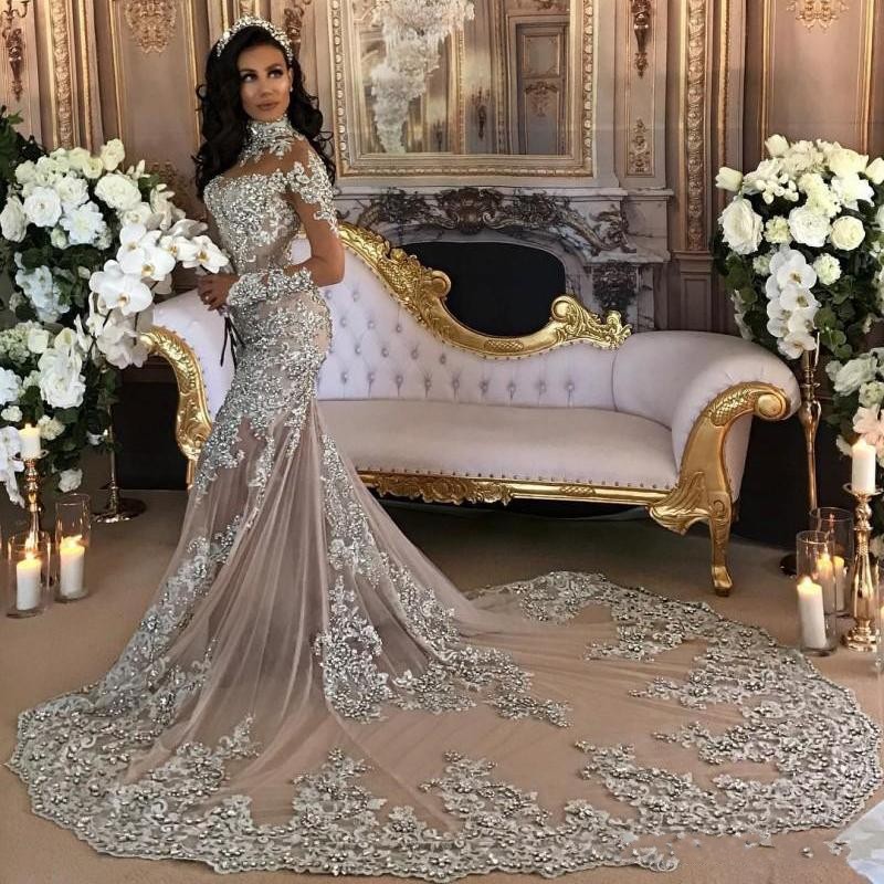 Mermaid High Neck Long Sleeves Court Train Wedding Gown With Crystal 3
