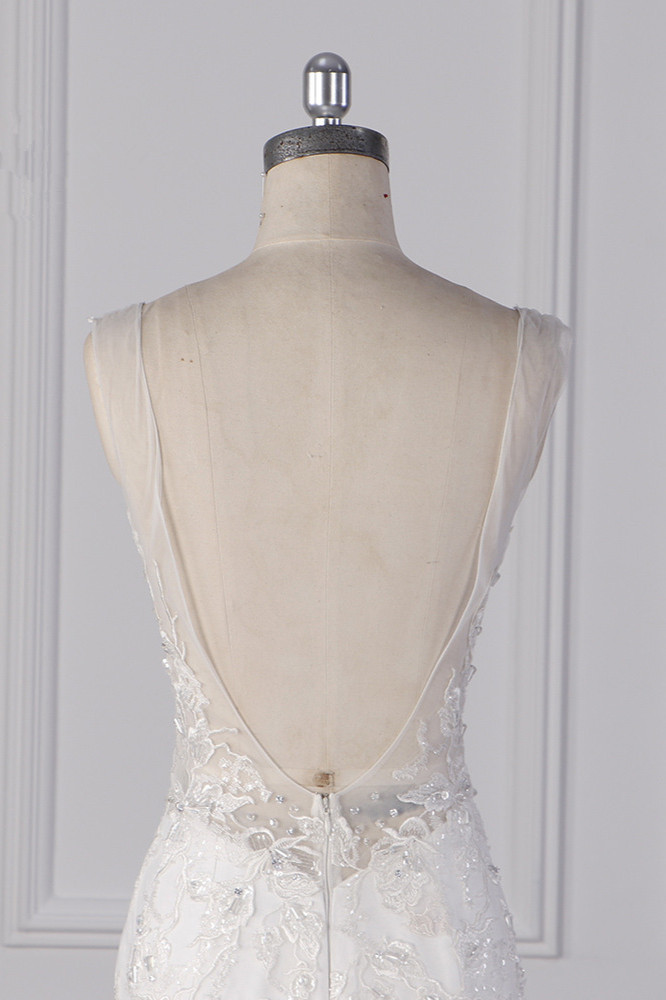 Mermaid Straps V-neck Sleeveless Floor-length Tulle Bridal Dress With Lace 6