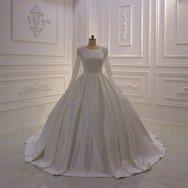 Ball Gown Jewel Neck Long Sleeves Floor-length Satin Wedding Dress With Beading 6