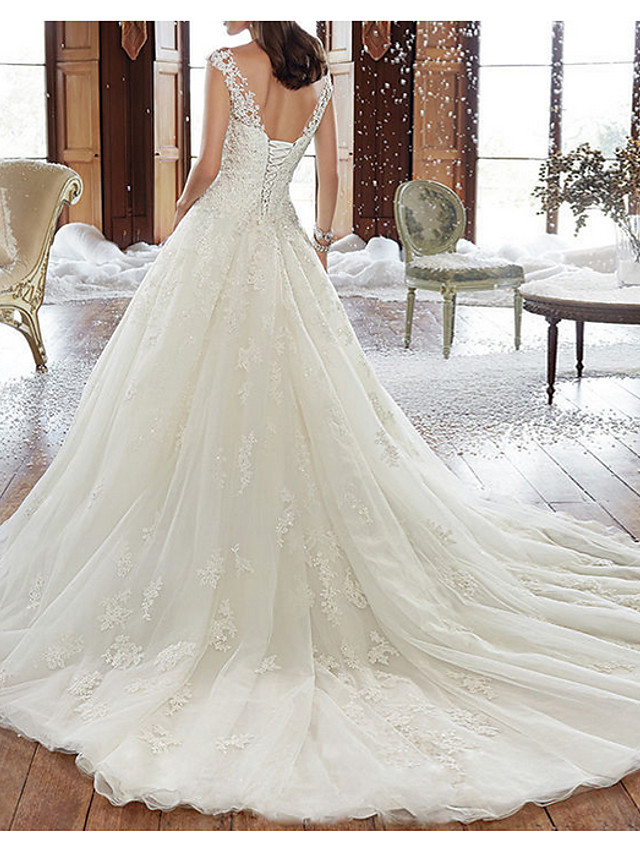 A-line Straps V-neck Court Train Lace Wedding Gown With Lace 2