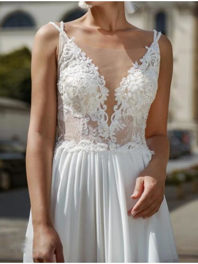 A-line V-neck Sleeveless Court Train 100D Chiffon Wedding Gown With Lace 3