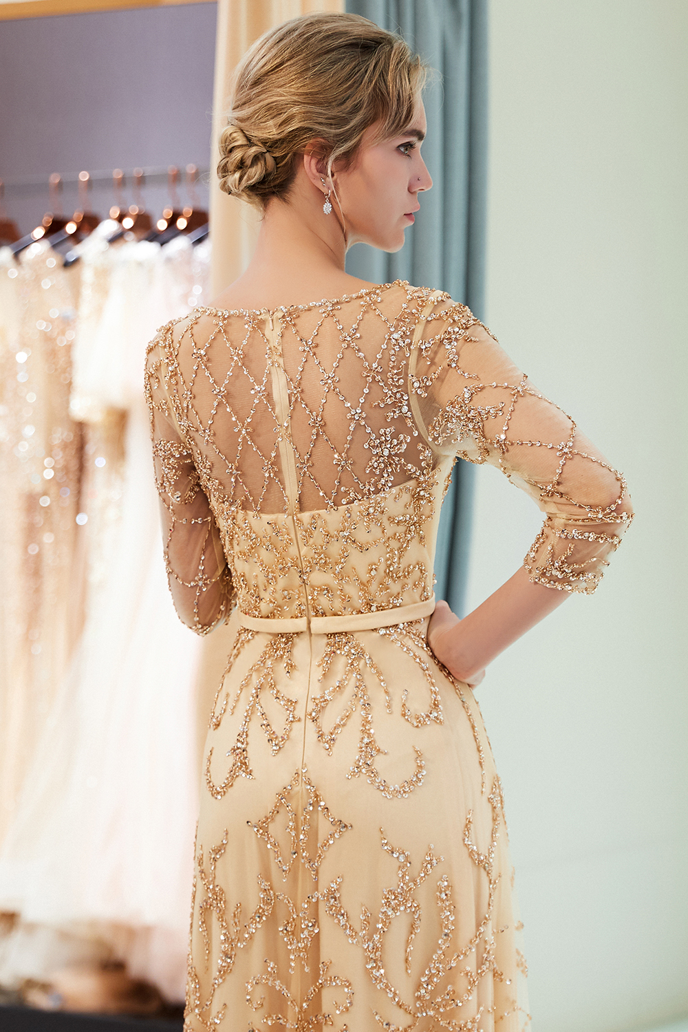 A-line Scoop Neck 3/4-Length Sleeves Sweep / Brush Train Tulle Evening Dress With Crystal 22