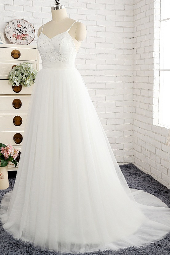 A-line Spaghetti Straps Sleeveless Floor-length Tulle Bridal Dress With Sequins 3