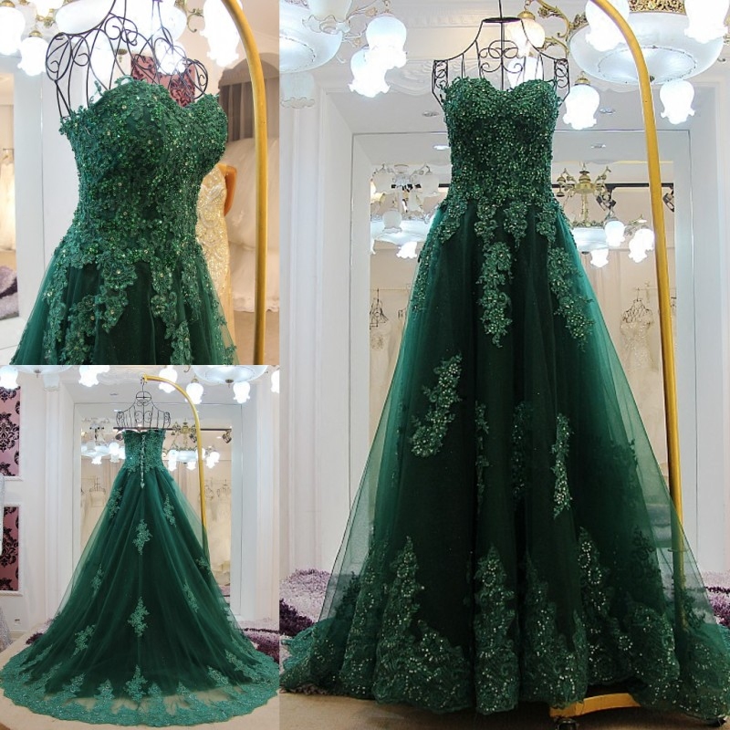 A-line Sweetheart Neck Sleeveless Court Train Tulle Evening Dress With Lace 2