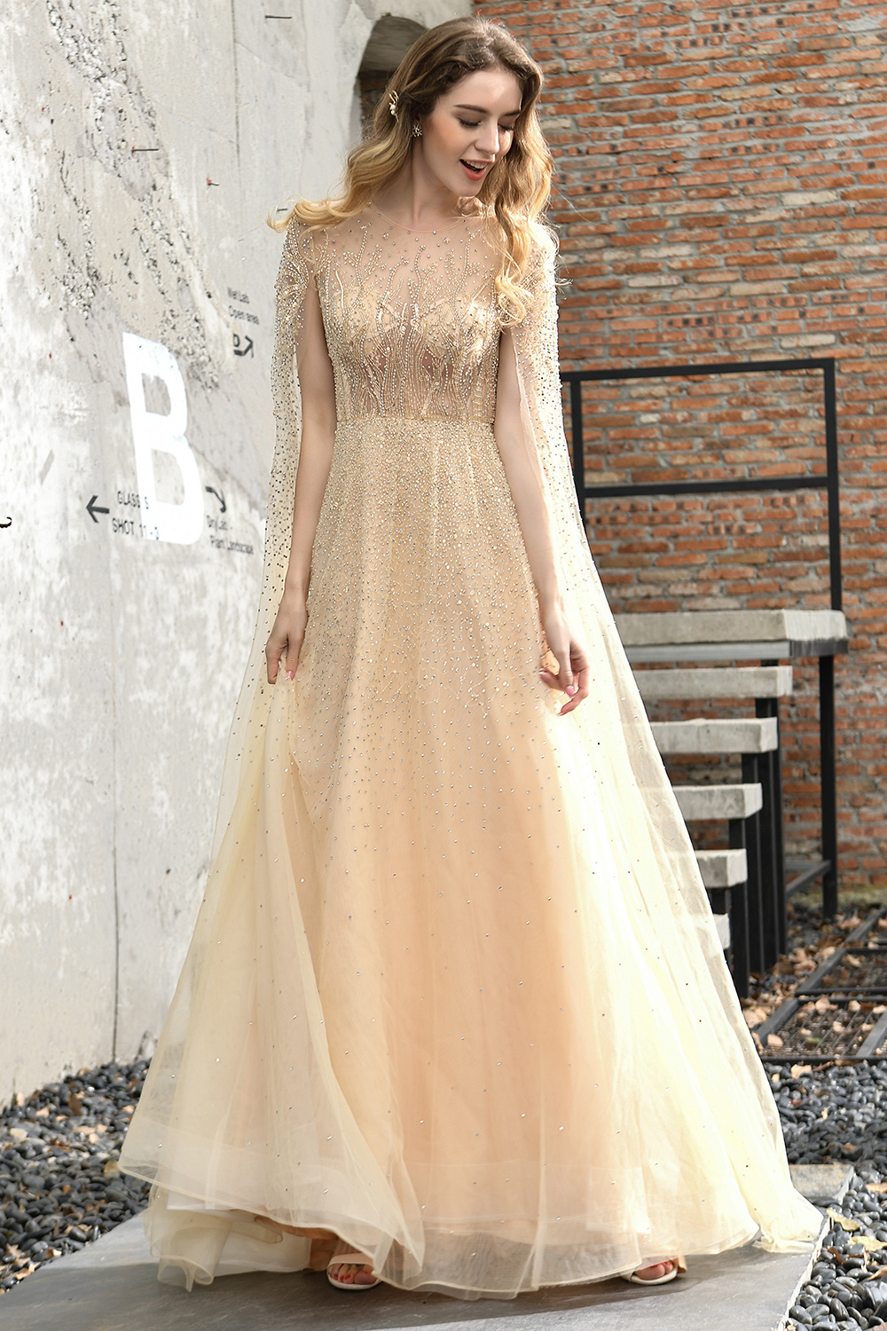A-line Jewel Neck Long Sleeves Sweep / Brush Train Tulle Evening Gown With Beading 12