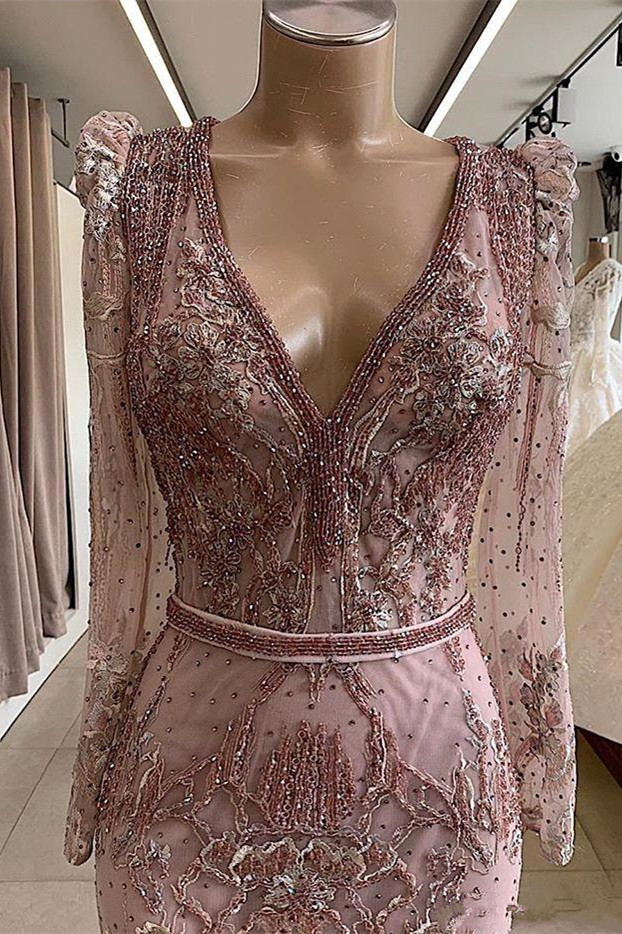 Mermaid V-neck Long Sleeves Sweep / Brush Train Lace Evening Dress With Rhinestone 2