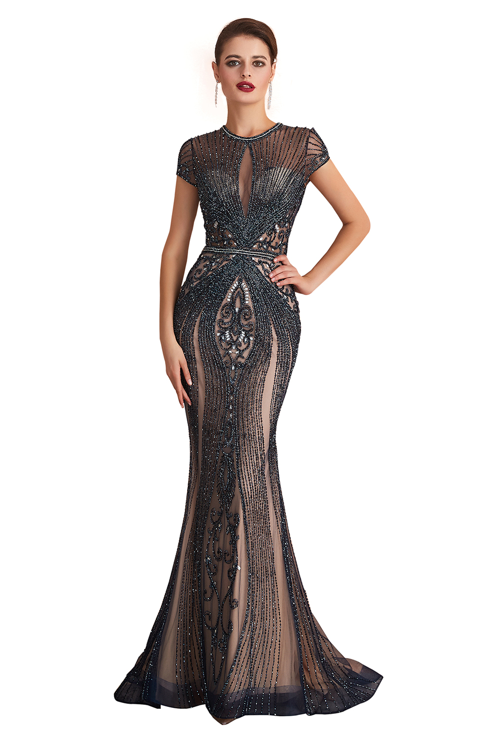 Mermaid Jewel Neck Short Sleeves Sweep / Brush Train Tulle Evening Dress With Beading 3