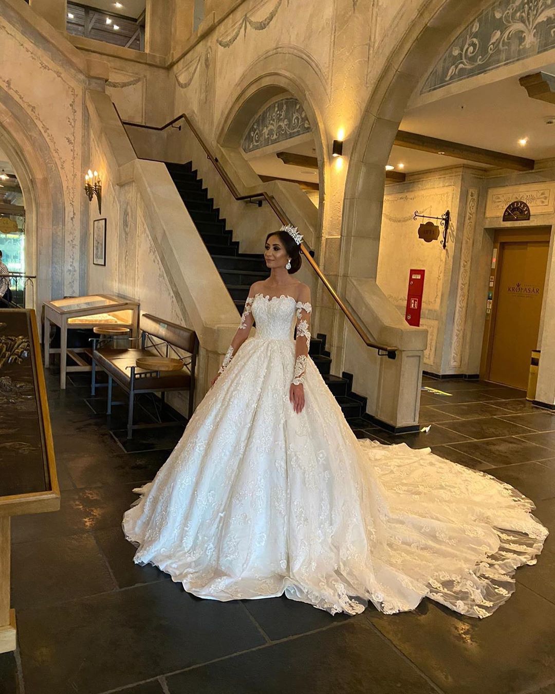 Off-the-shoulder Long Sleeves Court Train Lace Bridal Gown With Lace 4