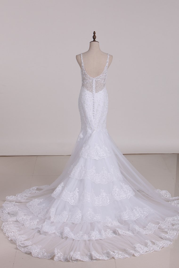 Mermaid Straps V-neck Sleeveless Floor-length Tulle Bridal Attire With Beading 2