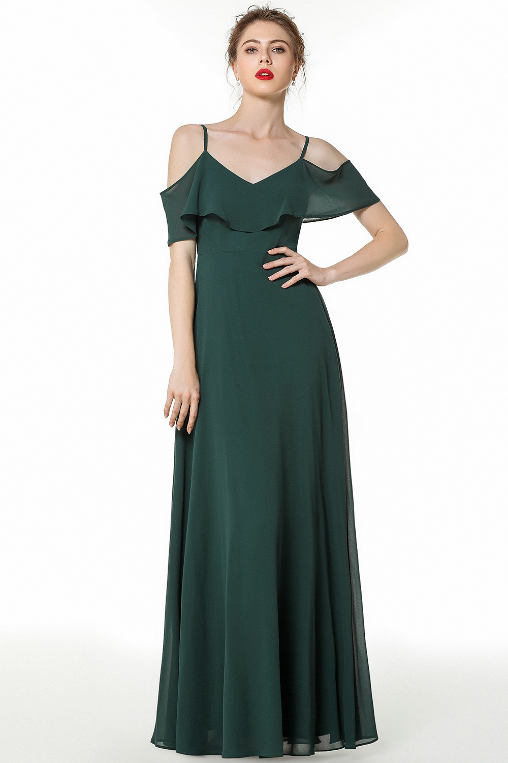 A-line Spaghetti Straps Sleeveless Sweep / Brush Train 100D Chiffon Bridesmaid Gown With Tiered 5