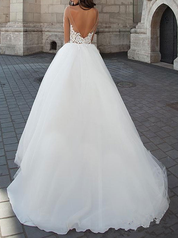 Ball Gown Sweetheart Neck Long Sleeves Court Train Lace Bridal Gown With Lace 3