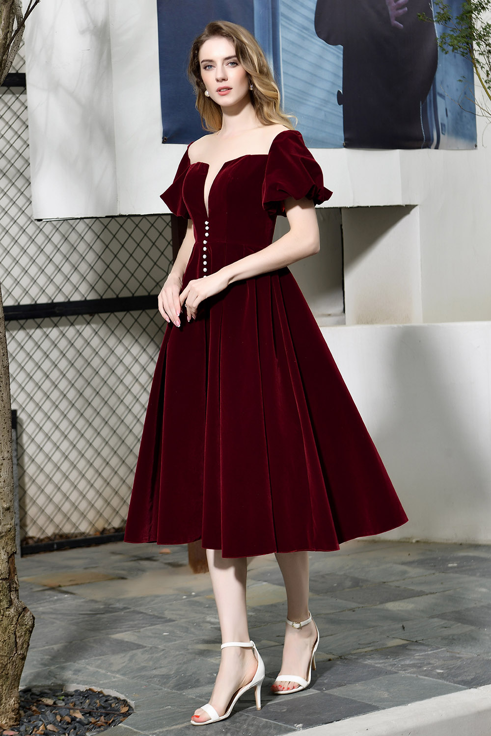 A-line Jewel Neck Short Sleeves Tea-length Velvet Homecoming Dress With Pearls 8