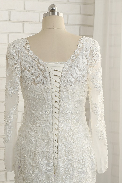 Mermaid V-neck Long Sleeves Floor-length Tulle Bridal Attire With Appliques 3