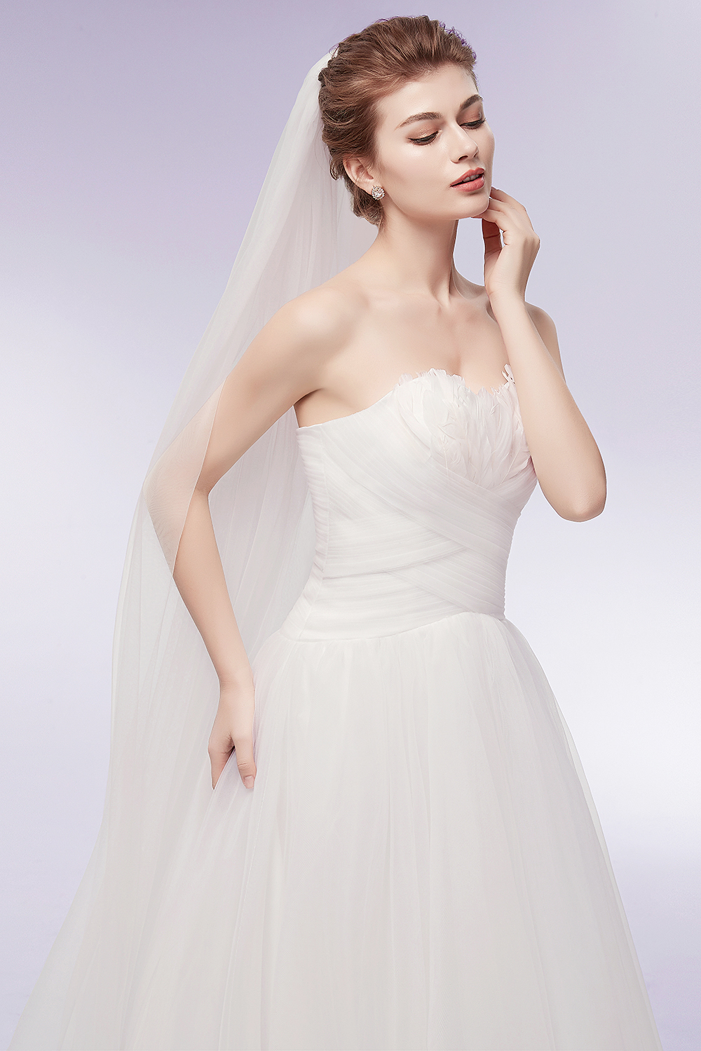 A-line Strapless Sweetheart Neck Sleeveless Chapel Train Tulle Wedding Gown With Feathers 8