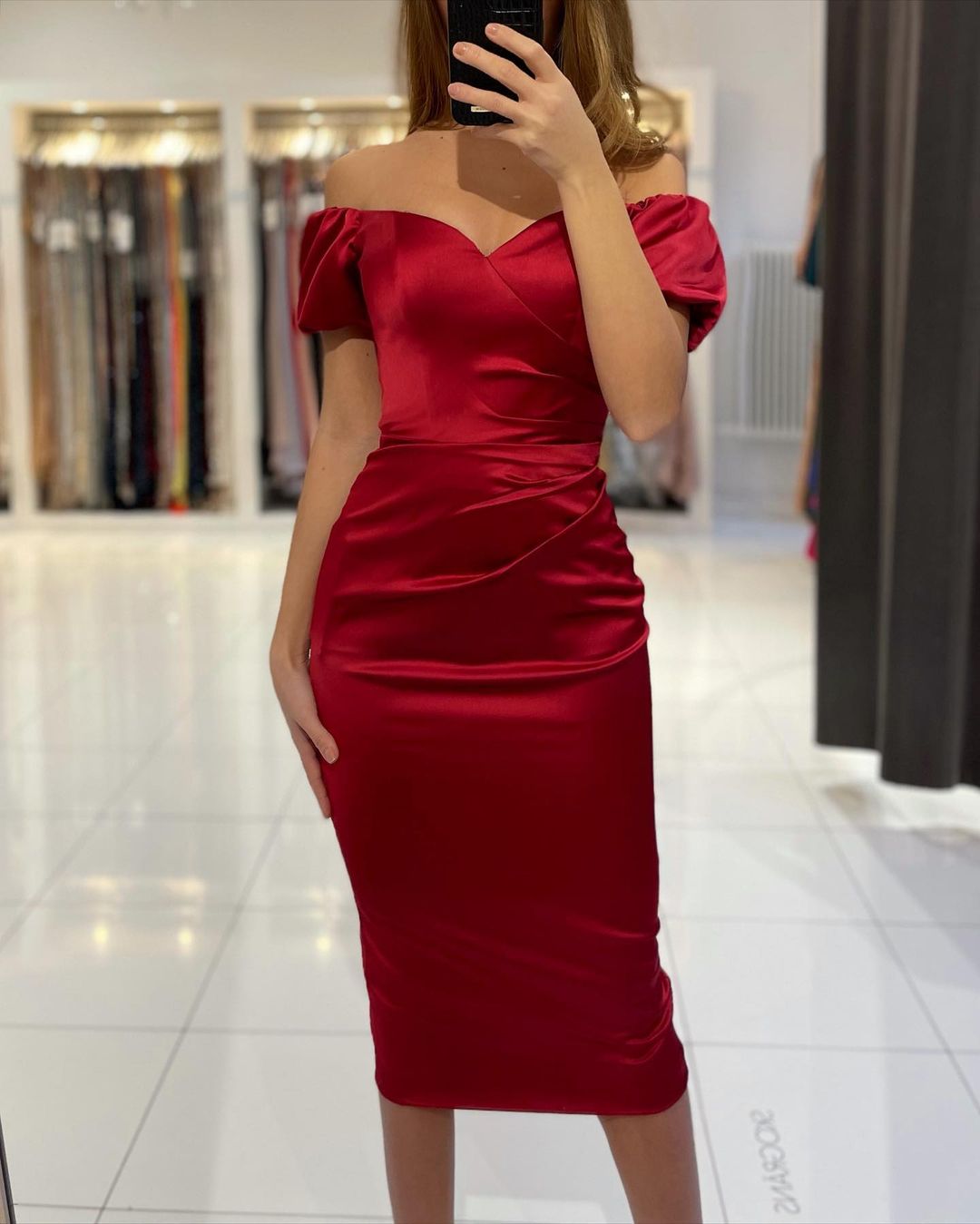 Mermaid Off-the-shoulder Short Sleeves Tea-length Satin Party Dress With Ruffles 2