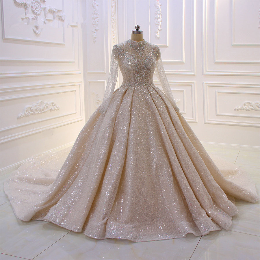 Ball Gown High Neck Long Sleeves Floor-length Tulle Bridal Gown With Sequins 5