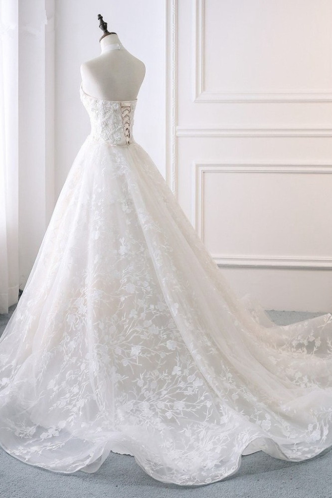 A-line Halter-neck Sleeveless Floor-length Tulle Bridal Gown With Appliques 4