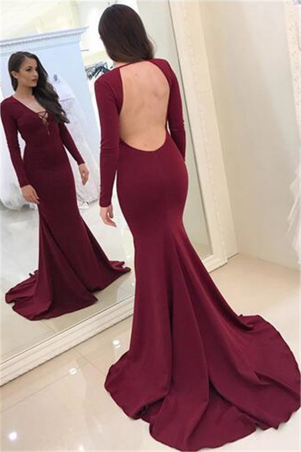 Burgundy Long Sleeves Evening Dresses Backless Mermaid V-Neck Prom Dresses -  and 1