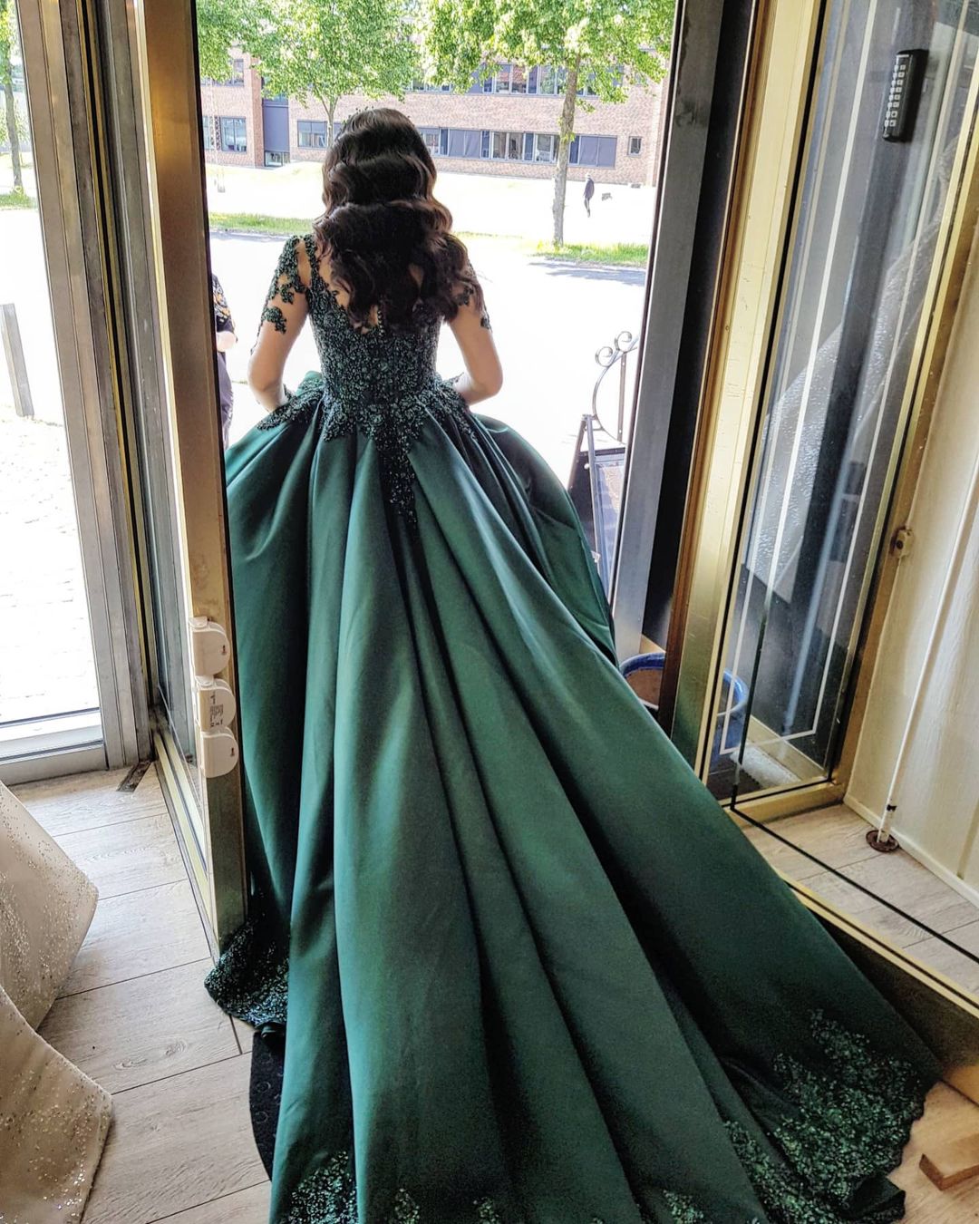 Ball Gown Jewel Neck Long Sleeves Floor-length Satin Wedding Dress With Lace 2