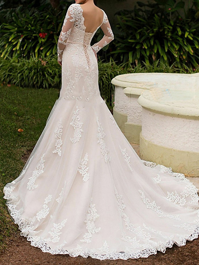 Mermaid Bateau Neck Long Sleeves Sweep / Brush Train Bridal Dress With Lace 3
