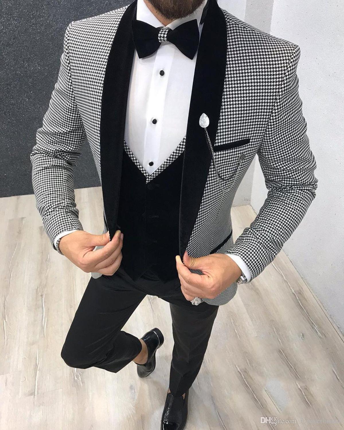 Black Houndstooth Three Pieces Shawl Lapel Men's Suit 2