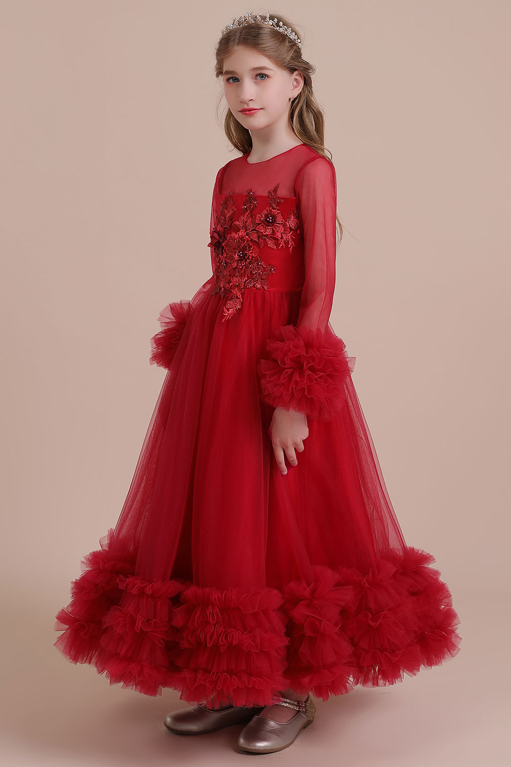 A-line Jewel Neck Long Sleeves Ankle-length Tulle Flower Girl Dress With Cascading Ruffle 4