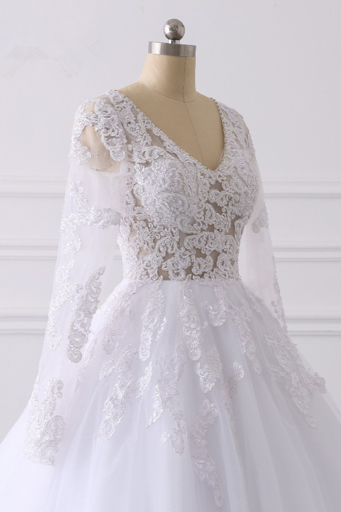 A-line V-neck Long Sleeves Floor-length Tulle Bridal Attire With Appliques 5