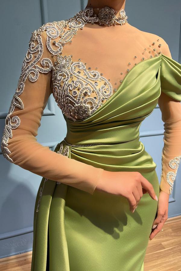 Mermaid Jewel Neck Long Sleeves Floor-length Stretch Satin Formal Wear With Appliques 2