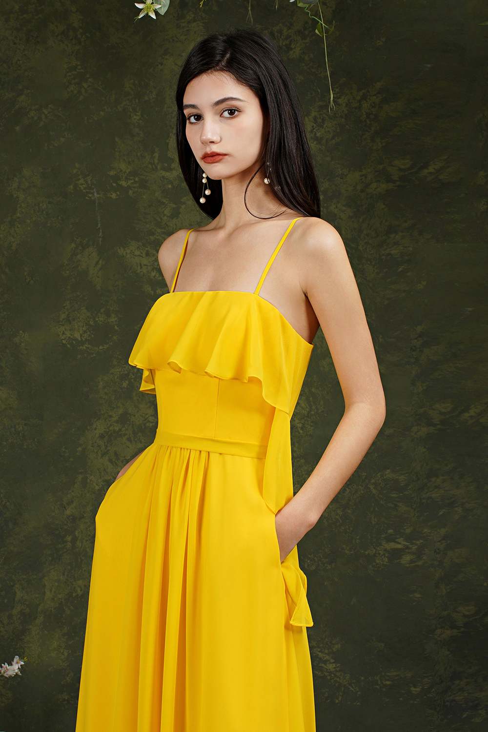 A-line Spaghetti Straps Sleeveless Floor-length 100D Chiffon Bridesmaid Dress With Pockets 8
