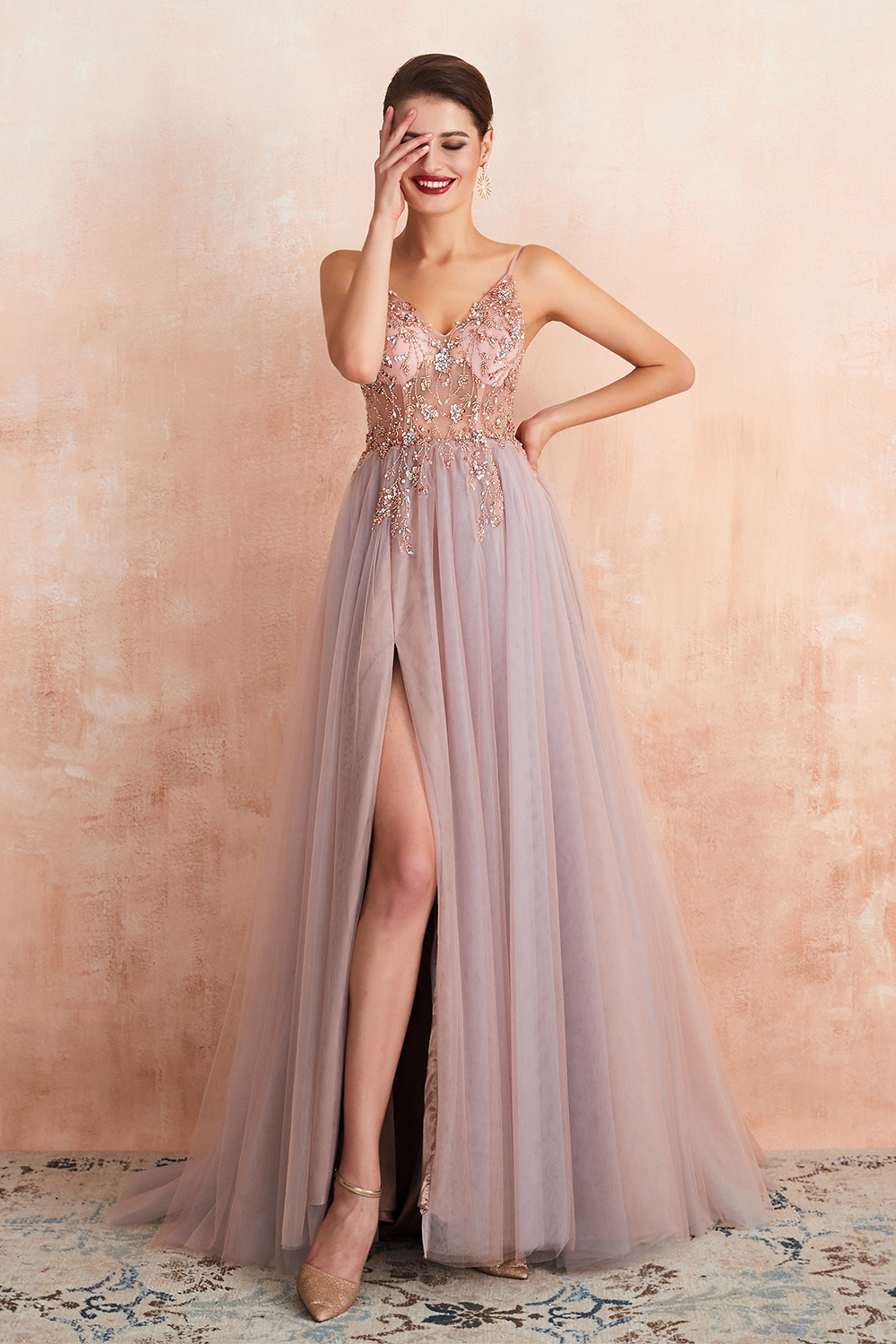 A-line V-neck Sleeveless Sweep / Brush Train Tulle Evening Dress With Sequins 14