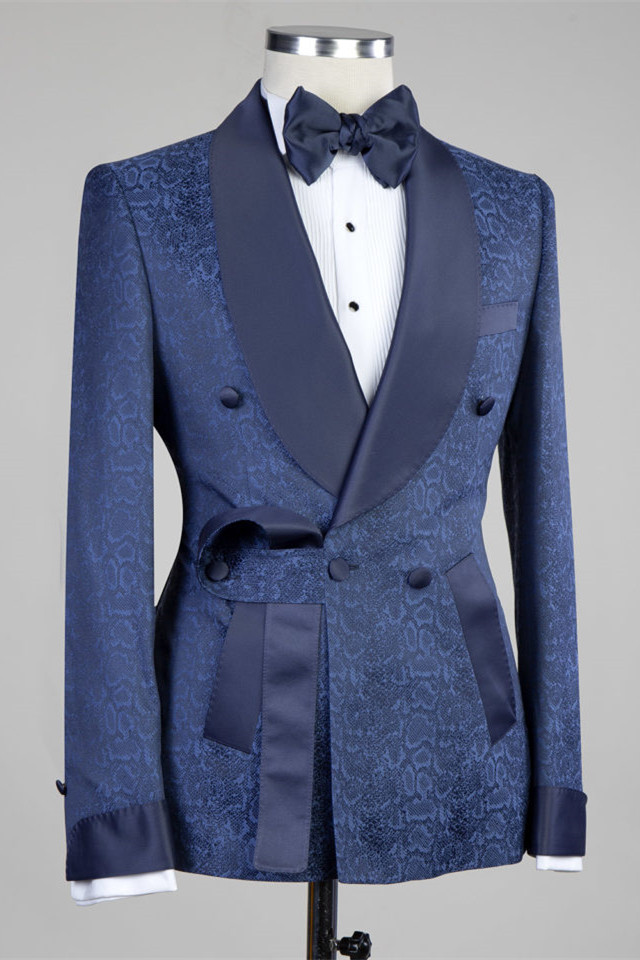 Dark Navy Double Breasted Men's Suit with Shawl Lapel for Wedding 2
