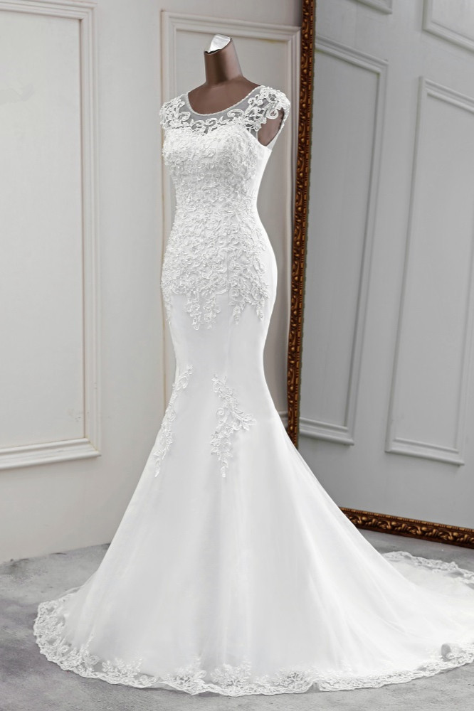 Mermaid Jewel Neck Sleeveless Floor-length Lace Bridal Dress With Beading 4