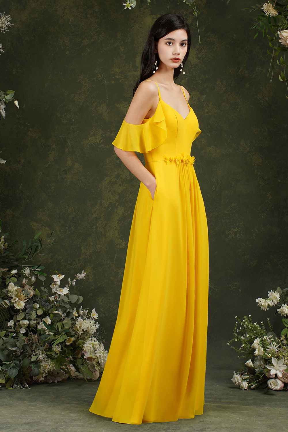 A-line Spaghetti Straps Sweetheart Neck Cap Sleeves Floor-length 100D Chiffon Bridesmaid Gown With Pockets 4